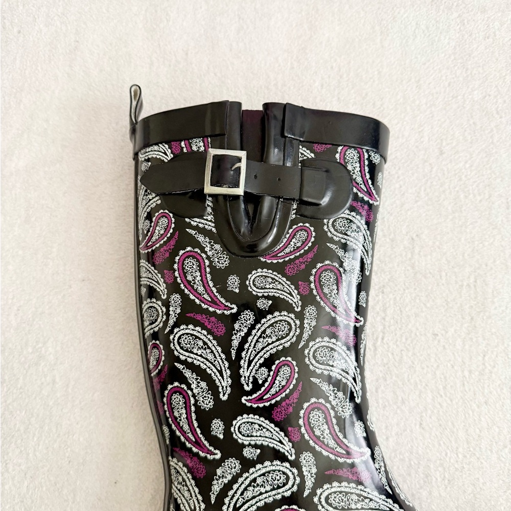 Paisley Rubber Rain Boots Black Purple - Picture 7 of 13